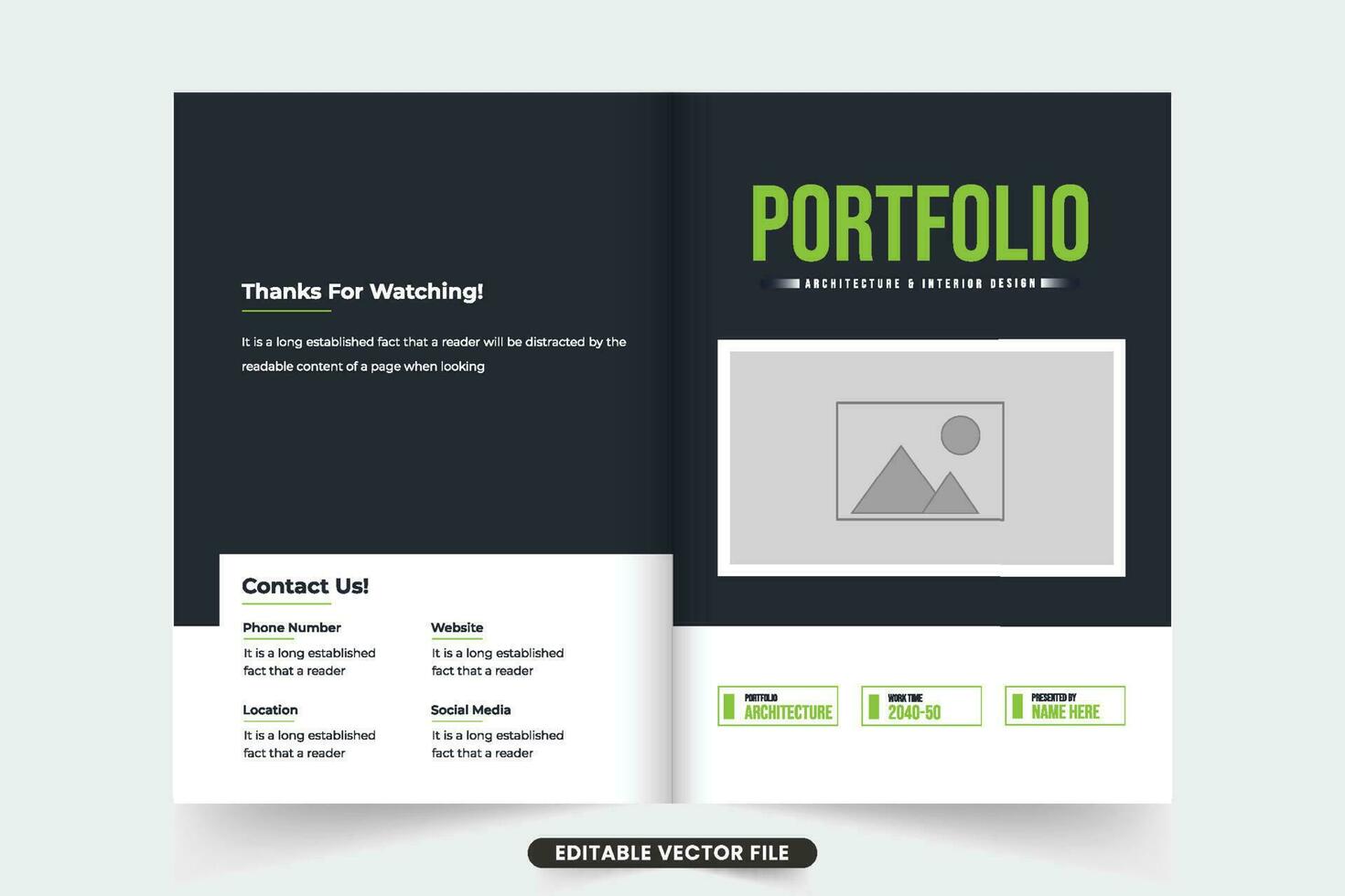 Architecture portfolio cover design for marketing. Real estate business promotional magazine cover vector with dark and green colors. Architect profile promotional brochure cover template vector.