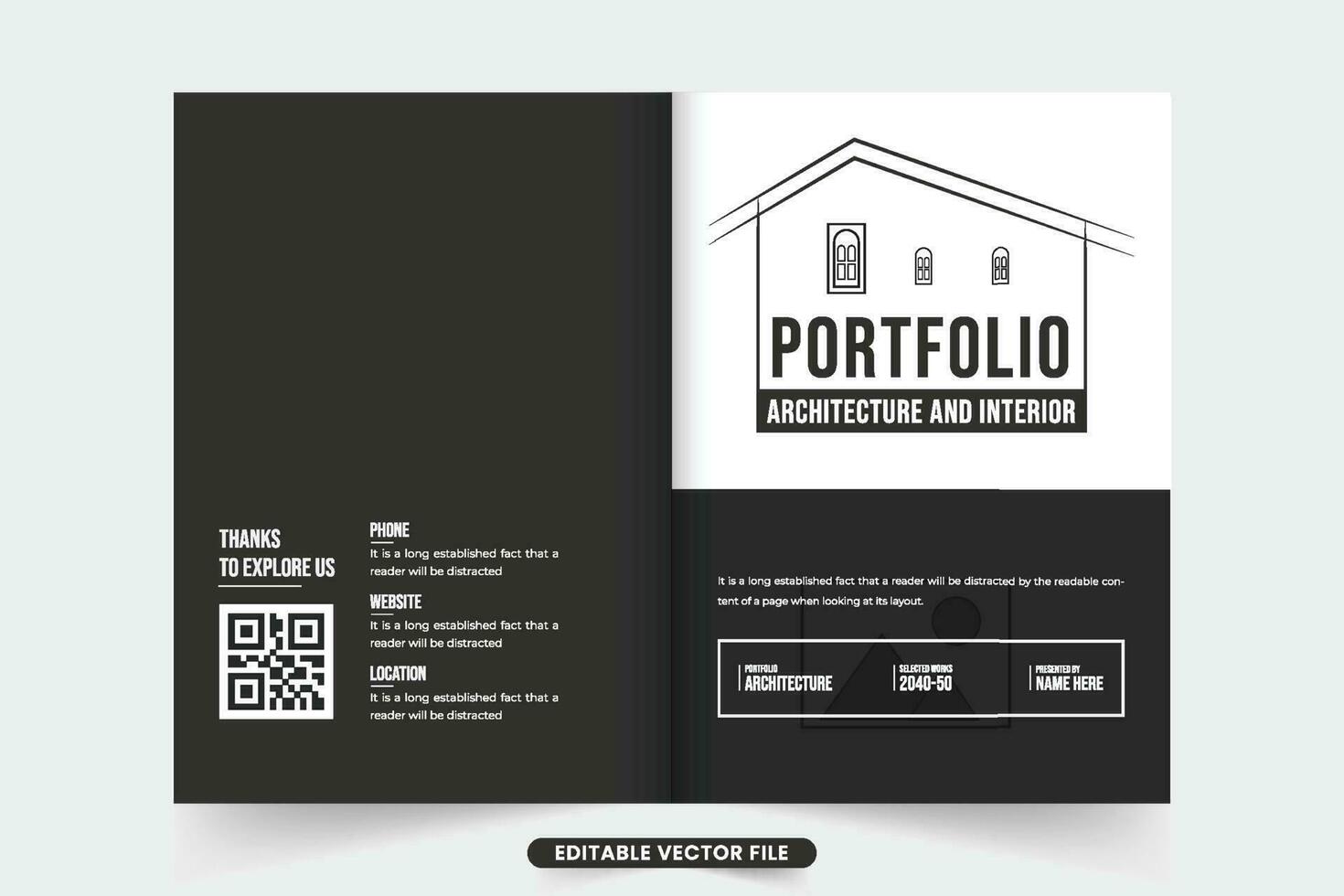 Simple architect profile and portfolio cover design with dark and white colors. Modern architect business promotional magazine cover vector with photo placeholders. Real estate architecture brochure.