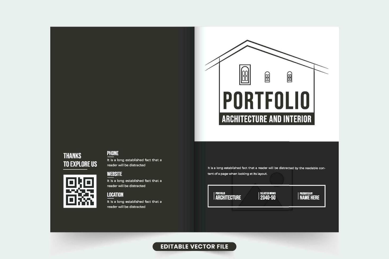 sencillo arquitecto perfil y portafolio cubrir diseño con oscuro y blanco colores. moderno arquitecto negocio promocional revista cubrir vector con foto marcadores de posición real inmuebles arquitectura folleto.