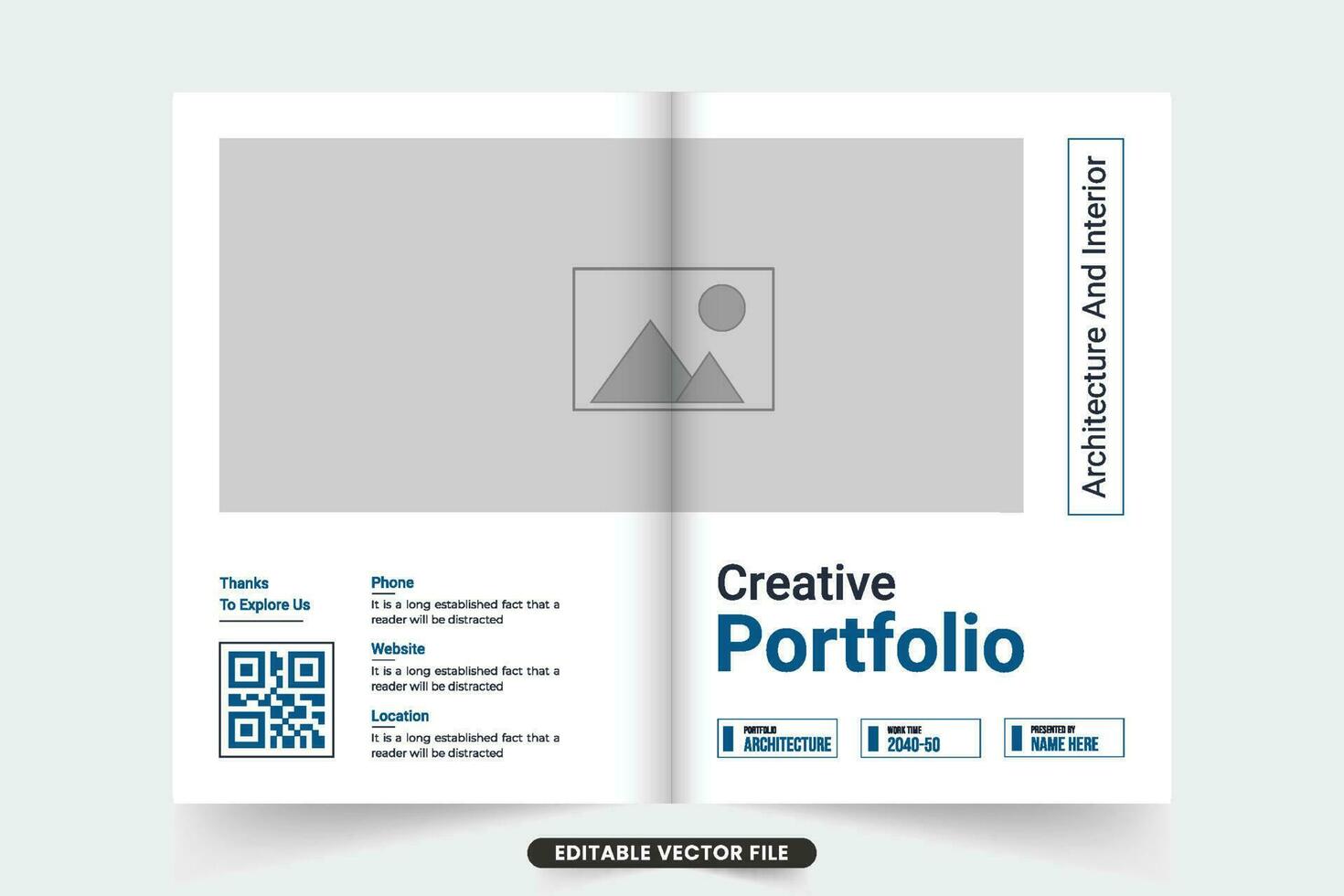 Creative architecture portfolio cover template vector with photo placeholders. Modern architect service promotional booklet cover design. Real estate service magazine cover template vector.