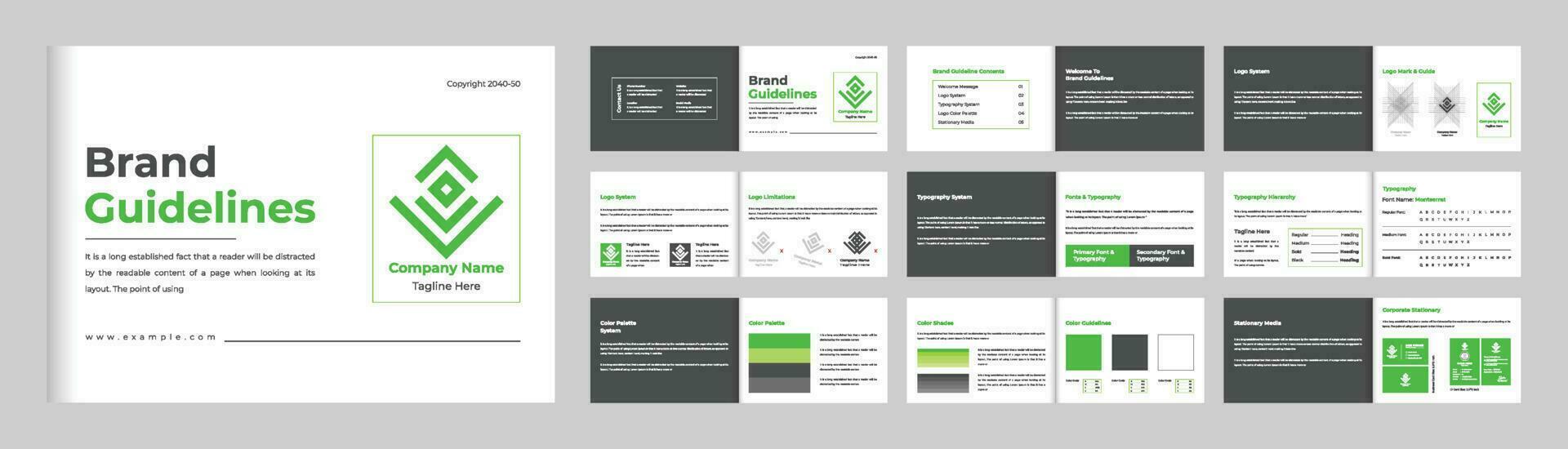 Brand guidelines presentation layout vector for the modern company. Corporate identity and brand manual magazine template with green and dark colors. Simple brand book layout template vector.