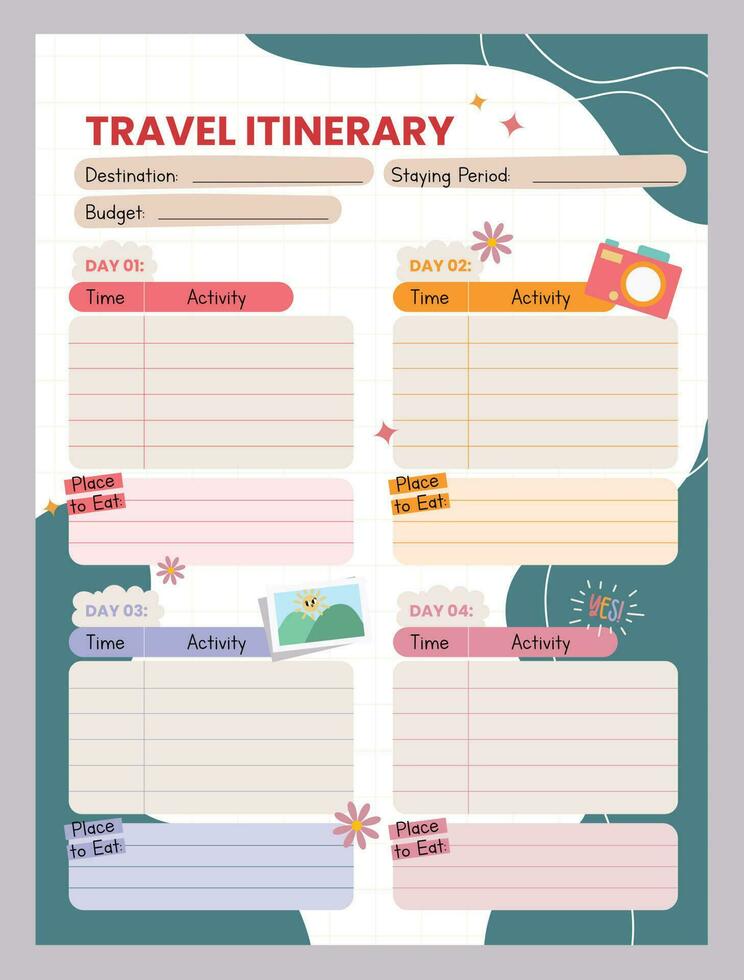 flat cute colorful design vector travel itinerary planner
