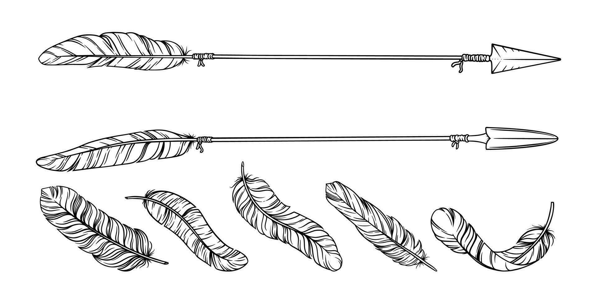 Arrow with tribal feathers. Decorative boho indian arrowheads and feathers. Native aztec or hipster tattoo sketch vector