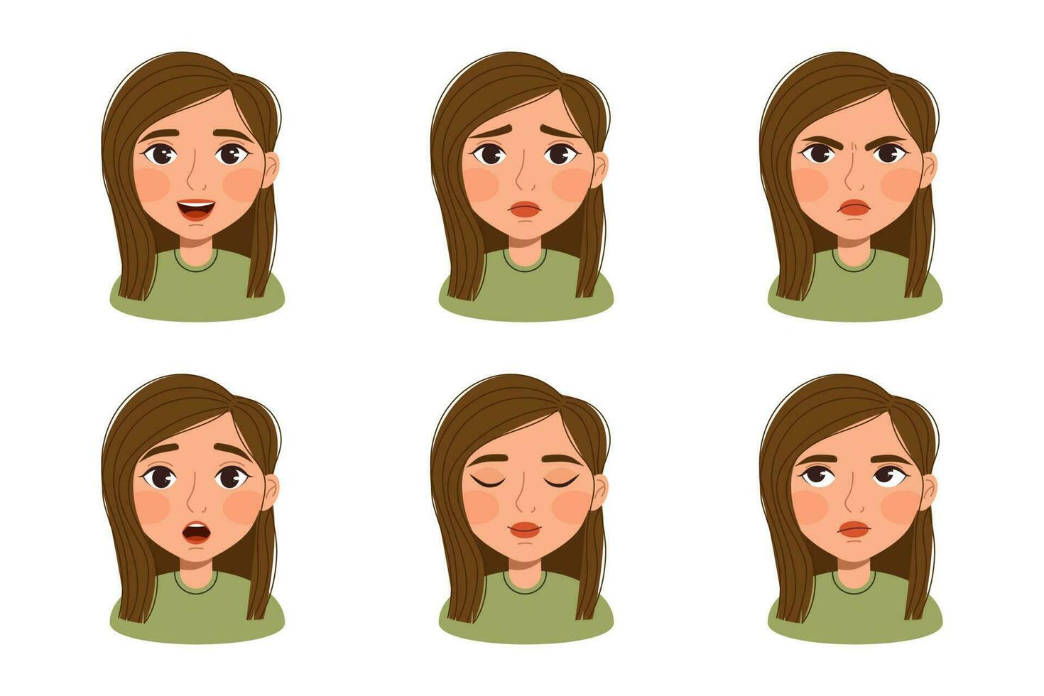 Set of facial expressions female cartoon character. Collection of young woman feelings. Girl with various emotions. Vector illustration