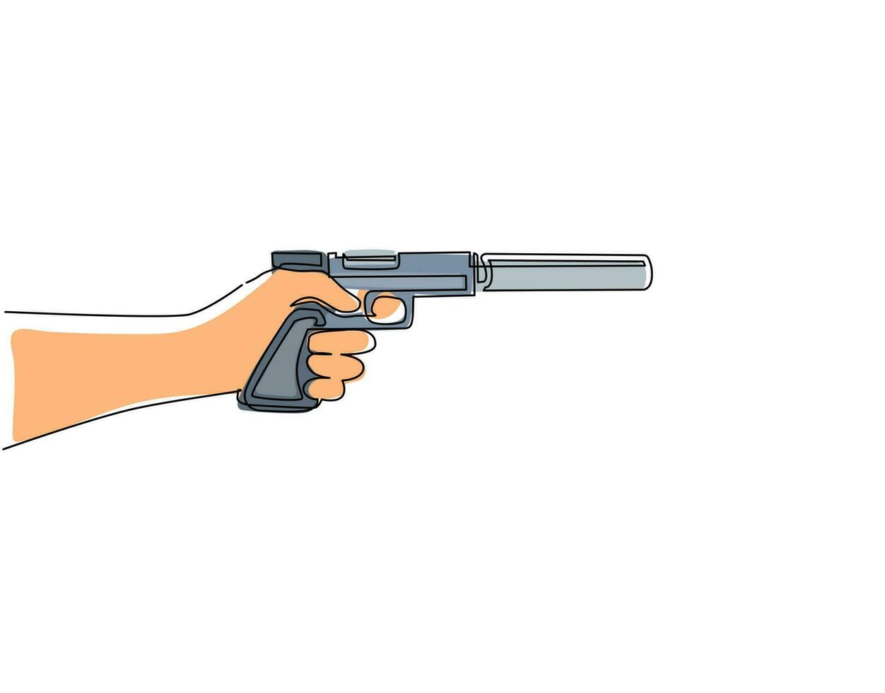 Single one line drawing hand holding pistol with silencer. Mafia gangster gun with silencer, handgun silhouette, gun isolated on white. Modern continuous line draw design graphic vector illustration