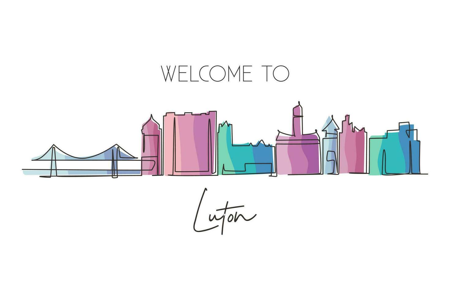 Continuous one line drawing Luton city skyline, England. Famous city for wall decor print. Best world travel destination concept. Editable stroke single line draw design vector graphic illustration