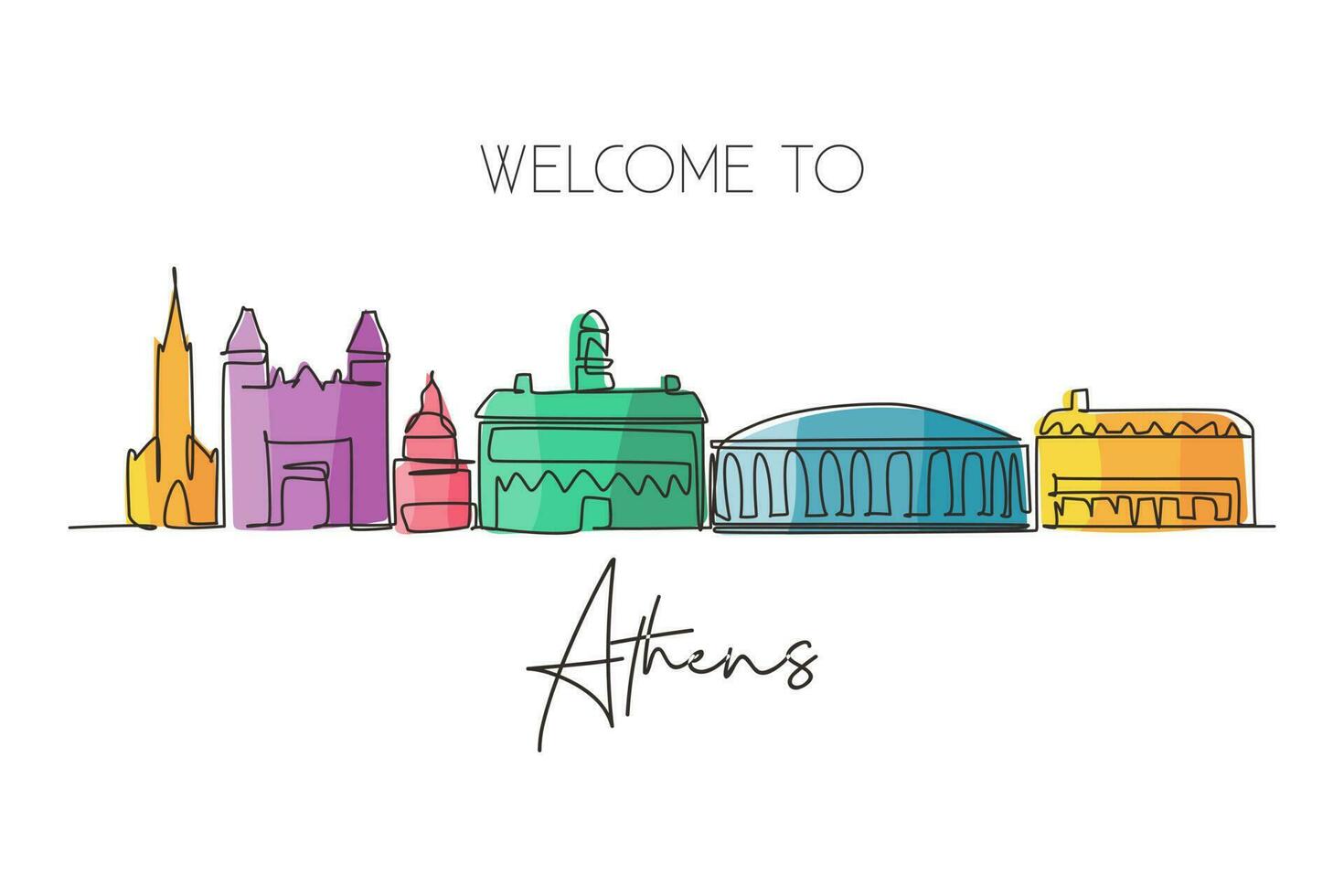 Single continuous line drawing Athens city skyline, Ohio. Famous city scraper landscape. World travel home wall decor art poster print concept. Dynamic one line draw graphic design vector illustration