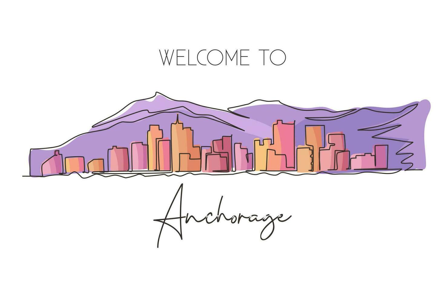 Single one line drawing Anchorage city skyline, Alaska. Famous city for wall decor print. Best holiday world travel destination. Editable stroke continuous line draw design graphic vector illustration