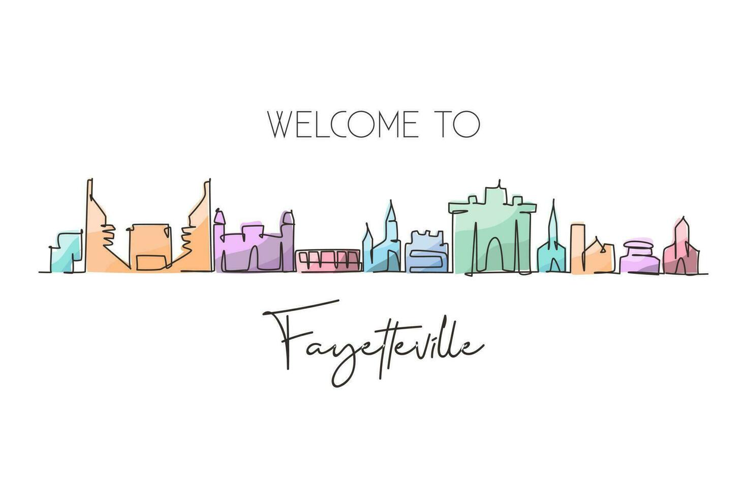 Single one line drawing Fayetteville skyline, Arkansas. Famous city scraper landscape. World travel home wall decor art poster print concept. Continuous line draw design graphic vector illustration