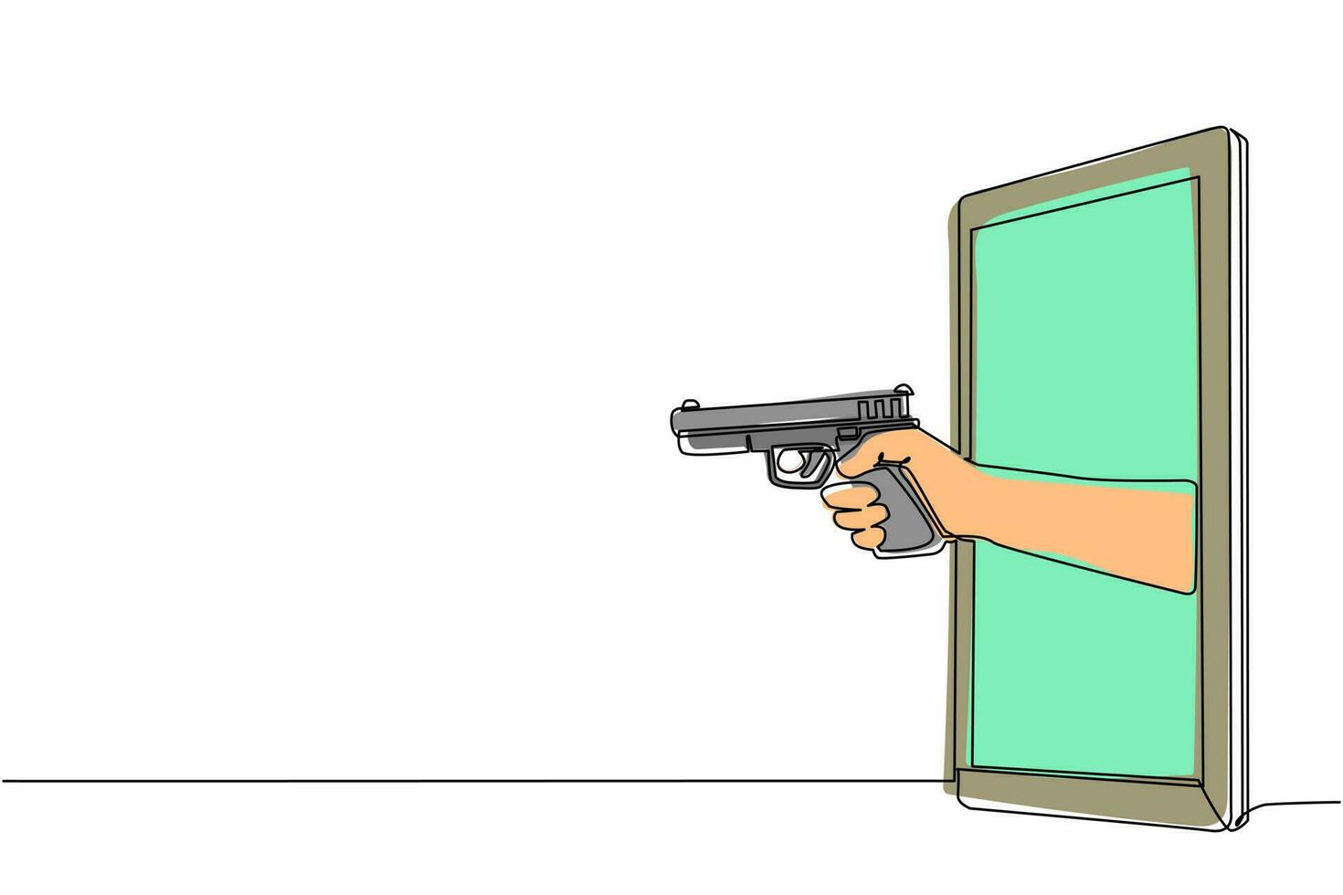 mano de dibujo de una sola línea sosteniendo una pistola a través del teléfono móvil. concepto de videojuegos de policía, deporte electrónico, aplicación de entretenimiento para smartphones. vector gráfico de diseño de dibujo de línea continua