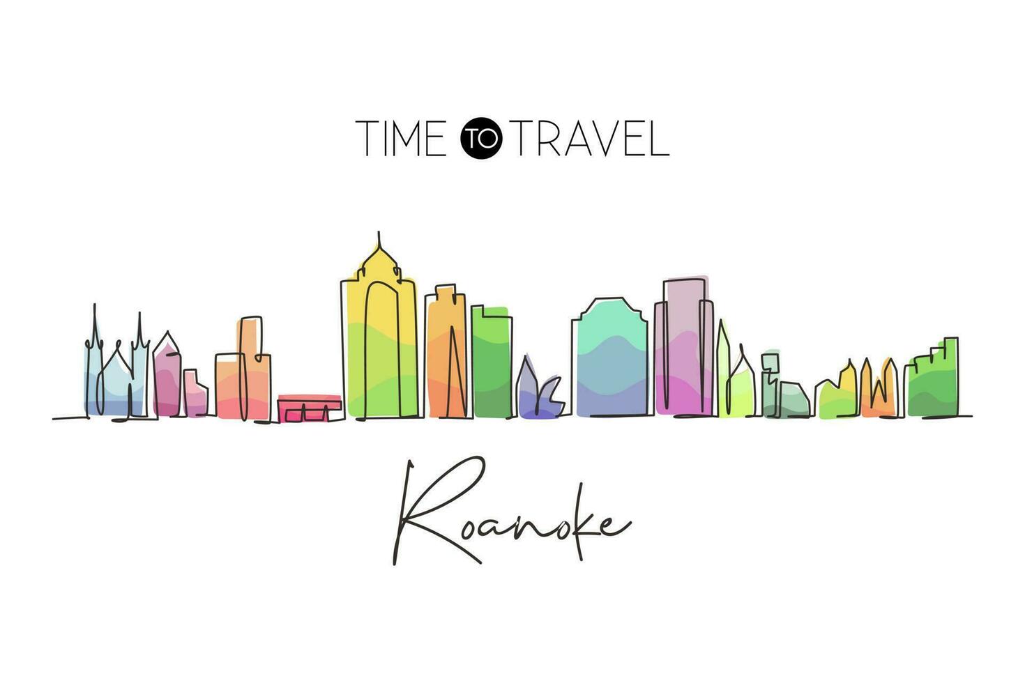 Single one line drawing Roanoke city skyline, Virginia. Historical town landscape in world. Best holiday destination wall decor. Editable stroke trendy continuous line draw design vector illustration