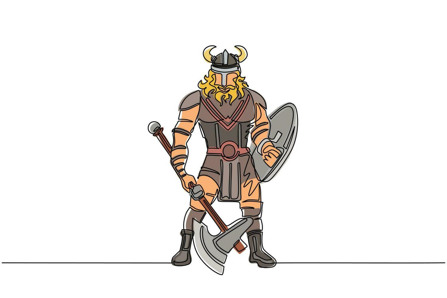 dibujo continuo de una línea hombre guerrero vikingo en casco con cuernos sosteniendo hacha y escudo. personaje de dibujos animados masculino con arma de pie en pose beligerante. ilustración de vector de diseño de dibujo de una sola línea