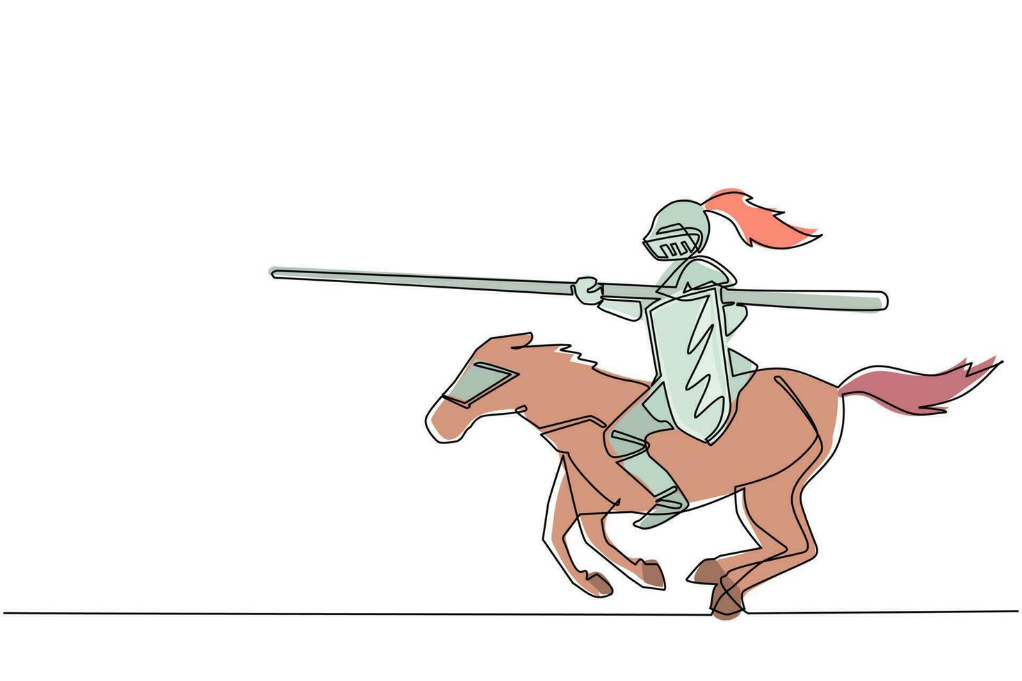 Continuous one line drawing medieval knight tournament cartoon composition with horseman in suits of armor in jousting contest. Medieval heraldry symbol. Single line draw design vector illustration