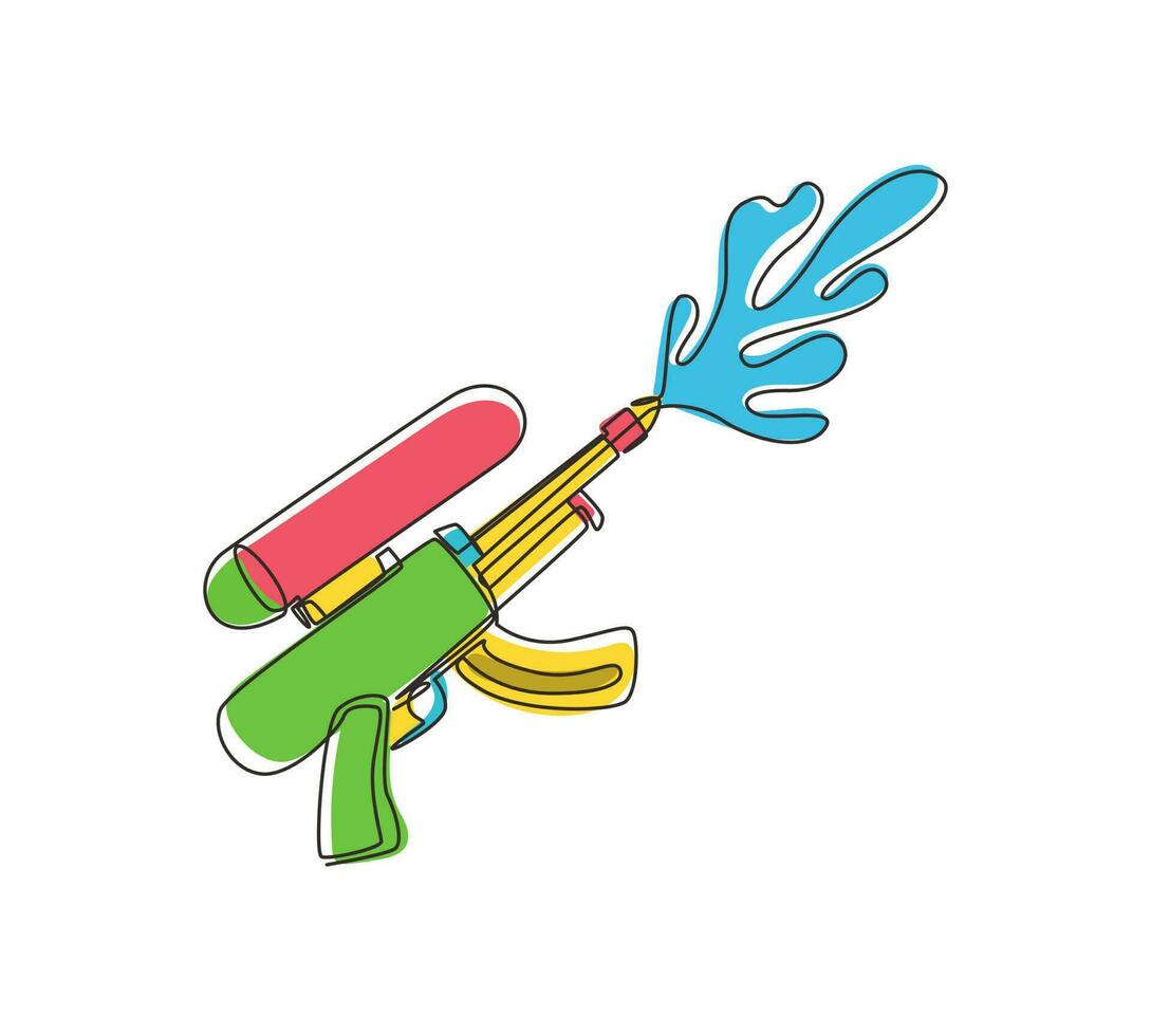 Single one line drawing water gun illustration. Plastic summer toy. Toy design for children. Gun with water splash. Flat isolated on white background. Modern continuous line draw design graphic vector