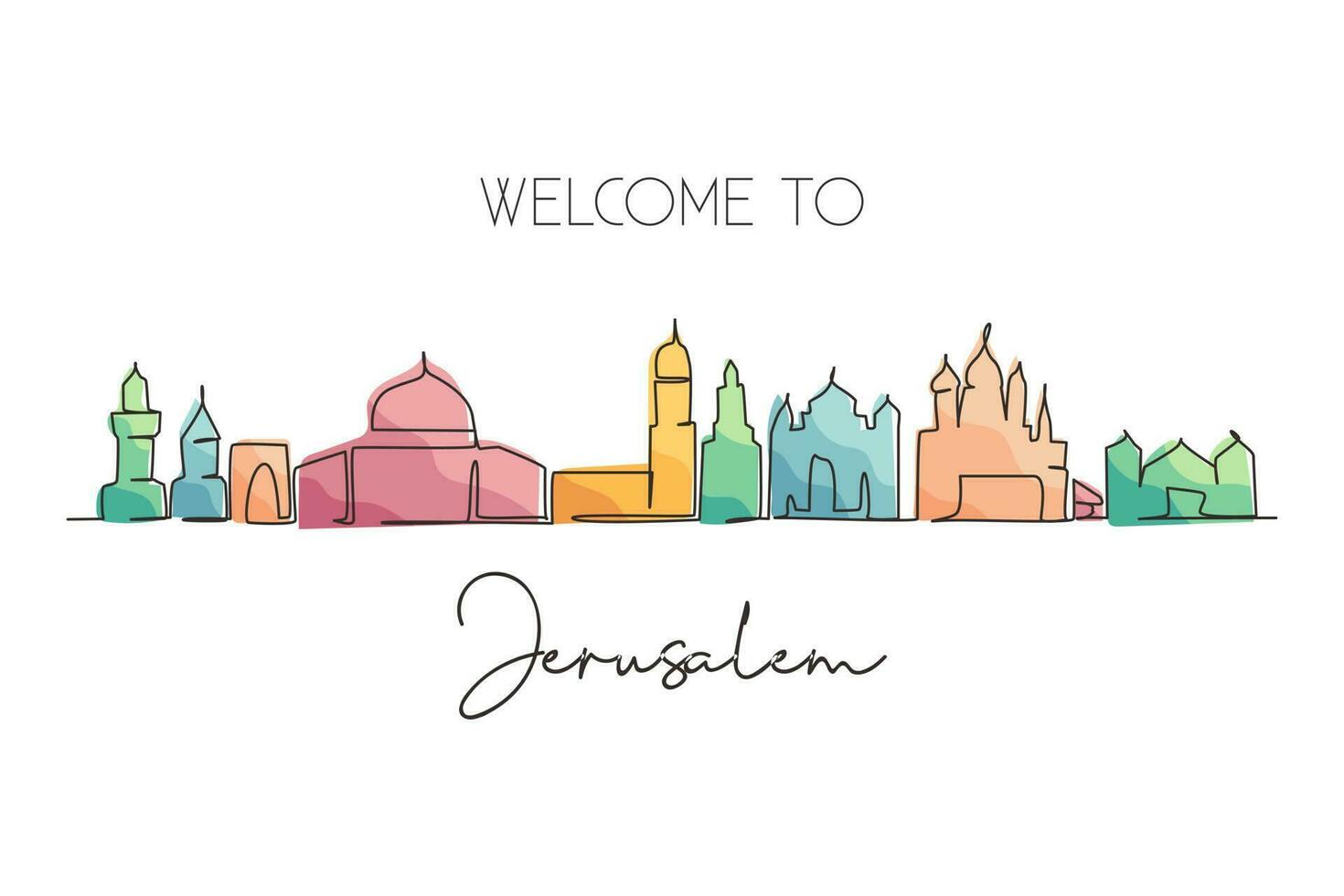 Single one line drawing Jerusalem city skyline, Palestine. Famous holy city for wall decor print. World travel concept. Editable stroke modern continuous line draw design graphic vector illustration