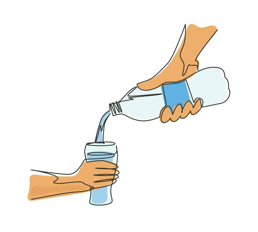 Continuous one line drawing human is picking up glass of water from plastic bottle. Cool mineral natural drink. Glass and bottle holding in hand. Single line draw design vector graphic illustration