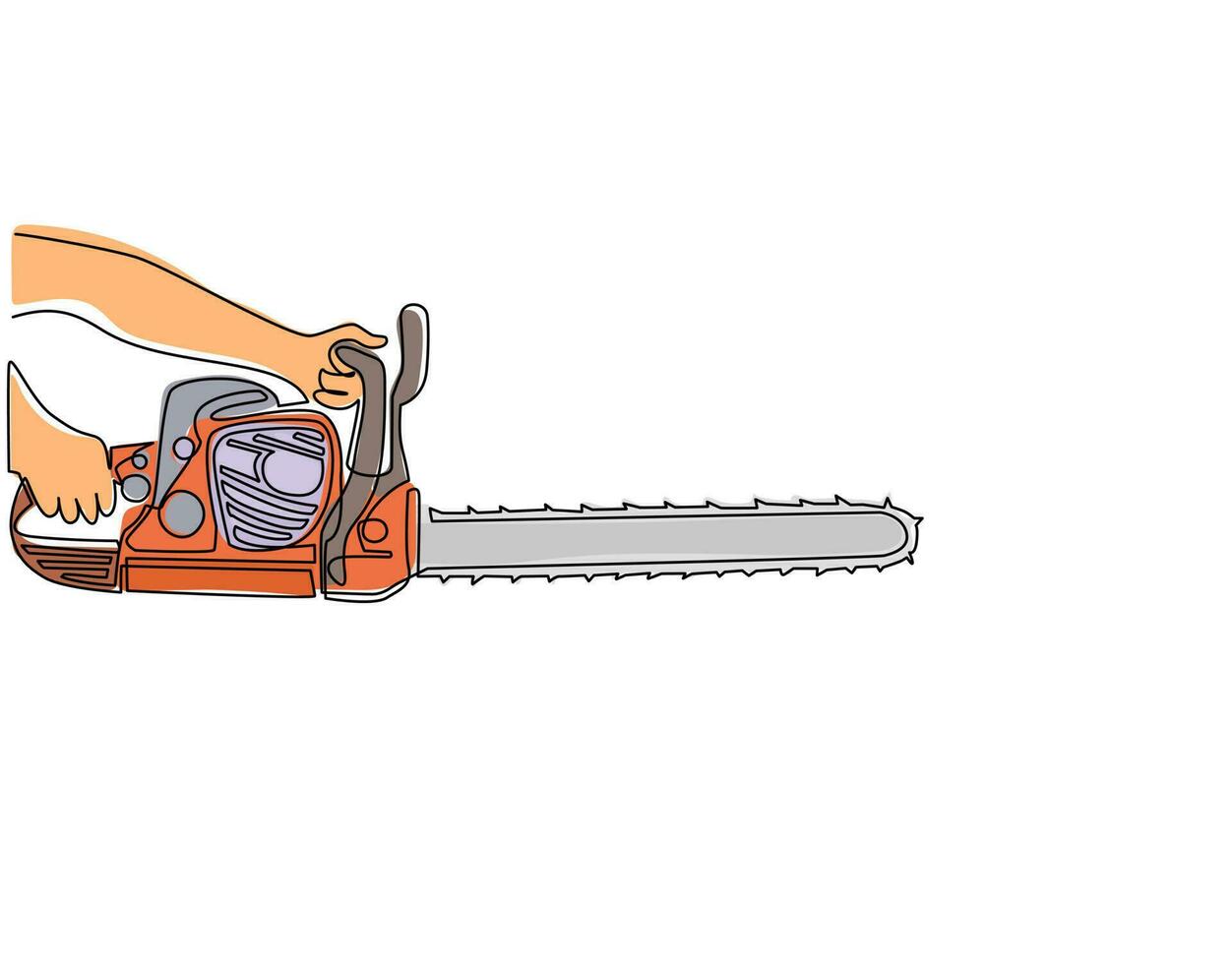 Single one line drawing hand holding chainsaw. Industry job equipment for strong man. Professional machine. Lumberjack tool. Woodcutter saw. Wood forester cutter. Continuous line draw design vector