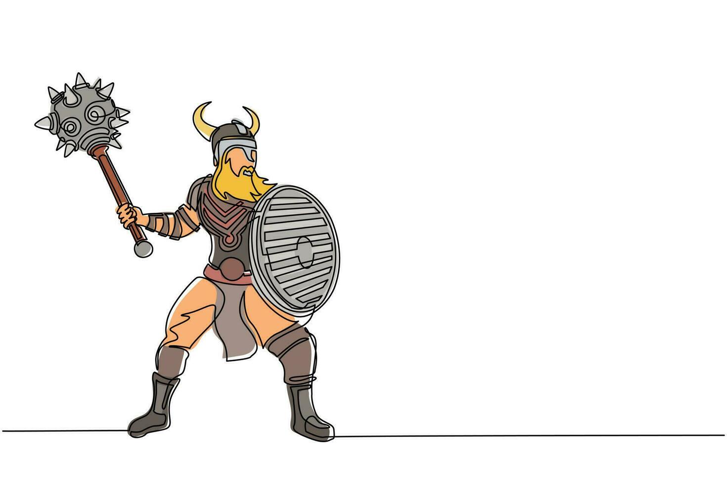 Continuous one line drawing big strong muscular orange warrior viking with mace and shield furiously attacks. Viking in horned helmet holding mace and shield. Single line draw design vector graphic