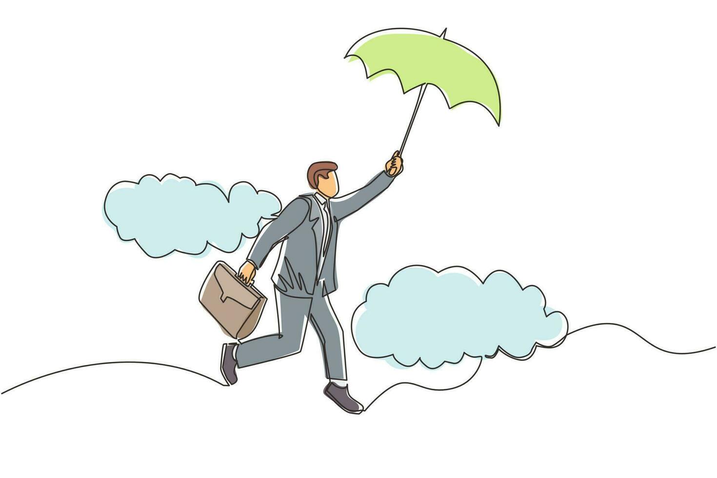 Single one line drawing happy wealthy businessman flying with his umbrella holding briefcase. Office worker achieve financial independence. Continuous line draw design graphic vector illustration