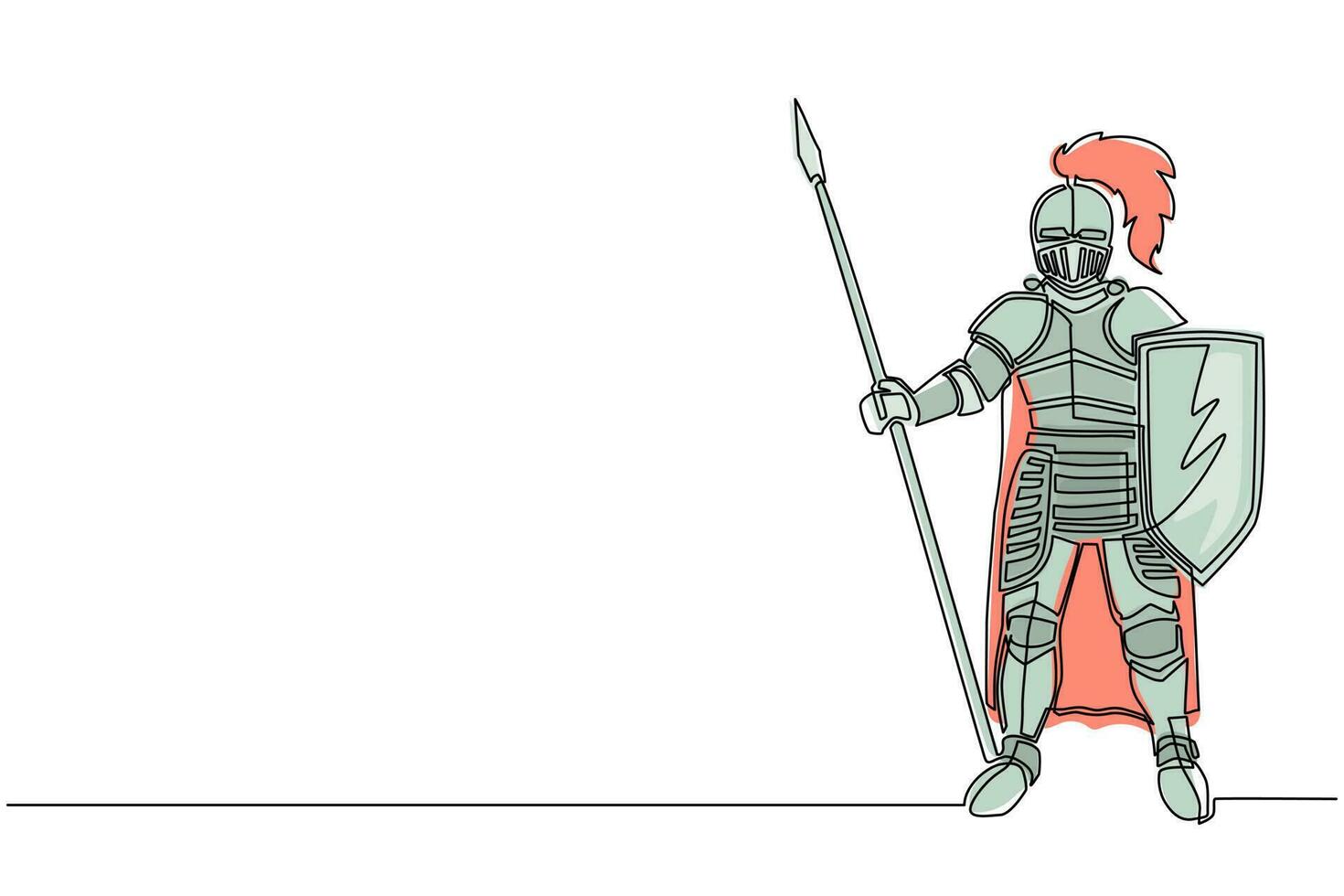 traje de armadura de cuerpo completo de dibujo de línea continua única, personaje de caballero medieval europeo con escudo y lanza, aislado sobre fondo blanco. Ilustración de vector de diseño gráfico de dibujo de una línea dinámica