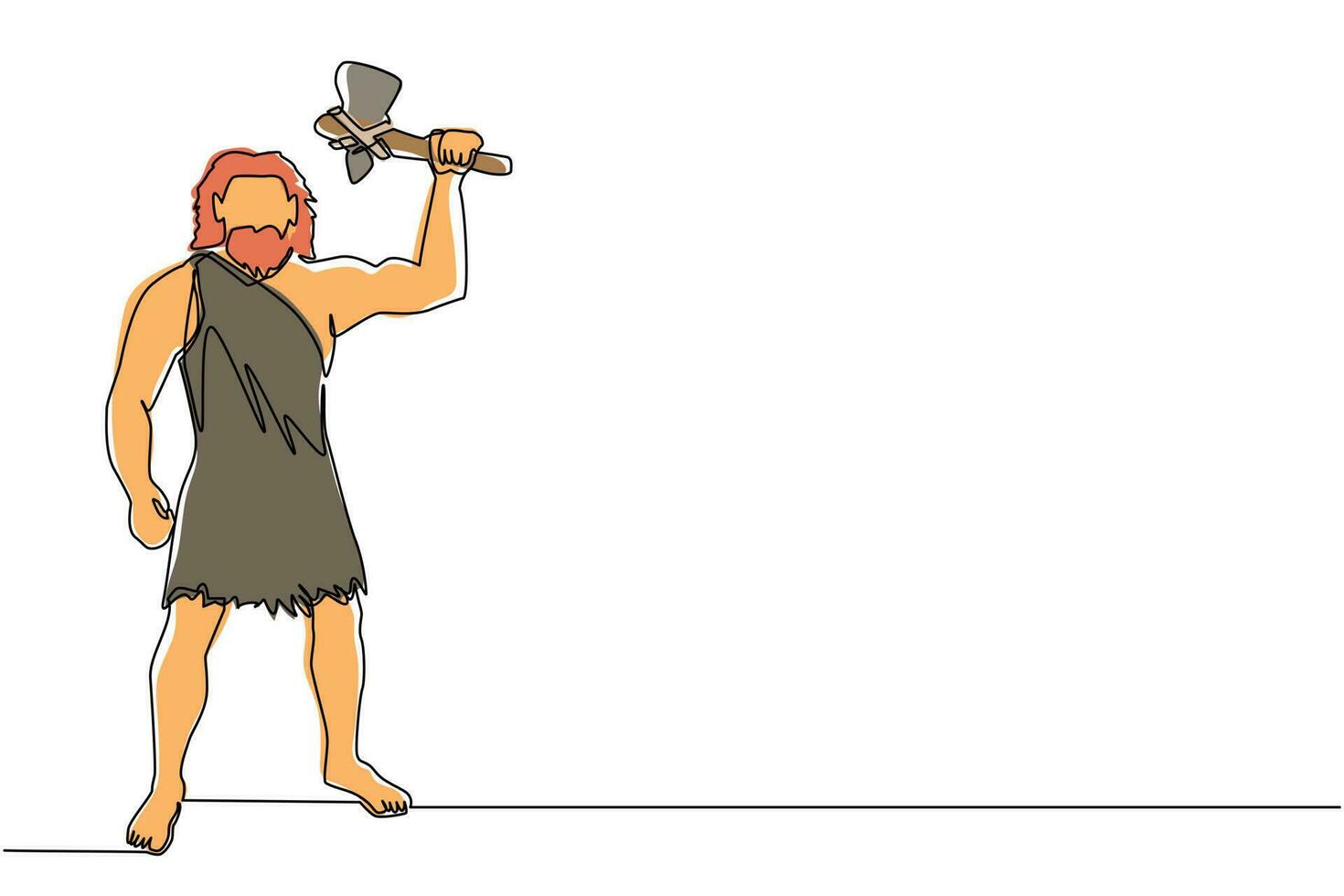 Single one line drawing caveman holding and raised stone axe overhead. Prehistoric man hunter. Ancient man is hunting animal for food. Modern continuous line draw design graphic vector illustration