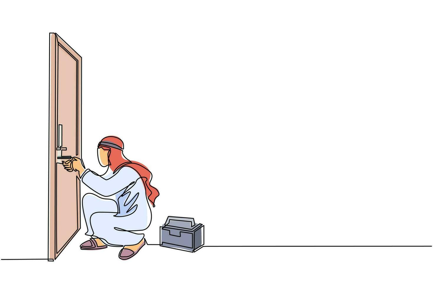 dibujo continuo de una línea hombre de negocios árabe levantando el pomo de la puerta con un destornillador. el hombre repara el pomo de la puerta del mango roto con la herramienta de mano en la caja de herramientas. concepto de negocio. vector de diseño de dibujo de una sola línea
