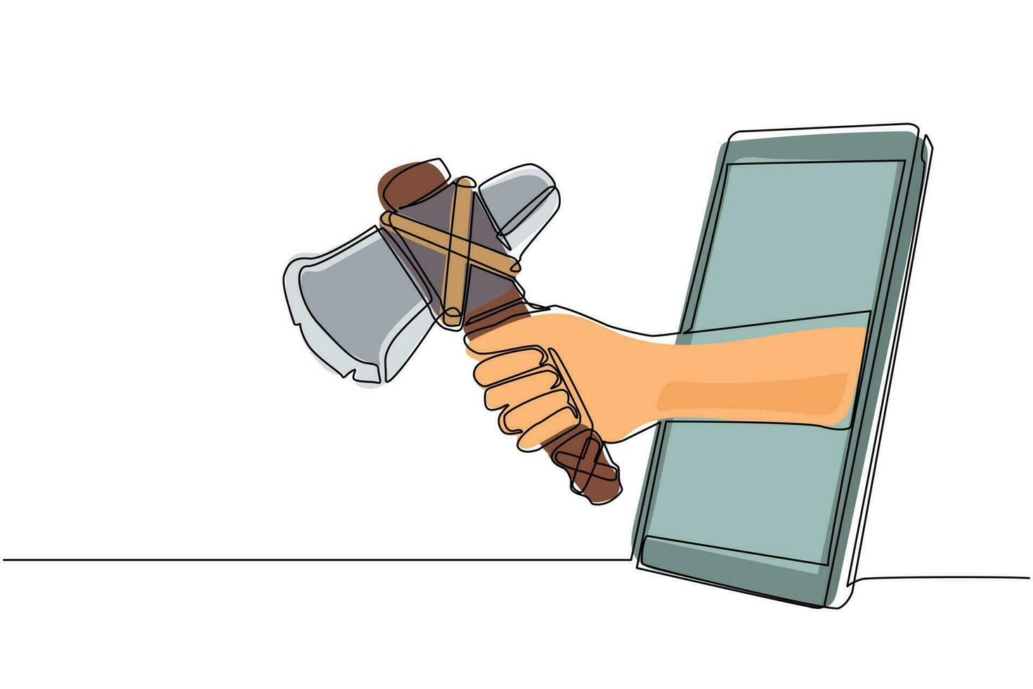 Single continuous line drawing hand holding prehistoric stone axes through mobile phone. Concept of mobile games, e-sport, entertainment application for smartphone. One line draw graphic design vector