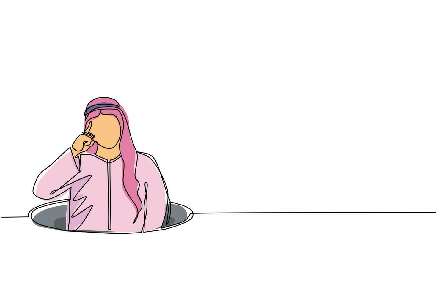 Continuous one line drawing confused Arabian businessman emerges from the hole. Depressed and business failure concept. Metaphor. Failure. Defeat. Single line draw design vector graphic illustration