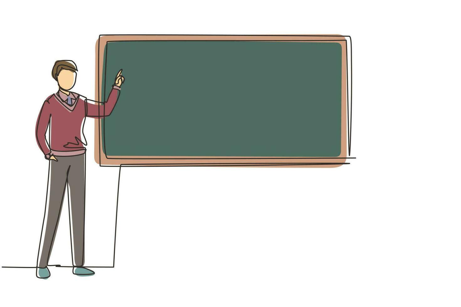 Continuous one line drawing man teacher professor standing in front of blackboard teaching student in classroom. College class or university teacher teach in classroom. Single line draw design vector