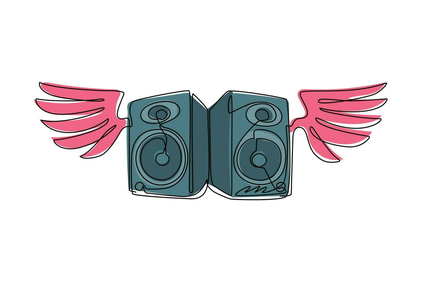 Continuous one line drawing music system speakers with wings icon logo. Musical equipment grunge image of speaker with wings flat design elements. Single line draw design vector graphic illustration