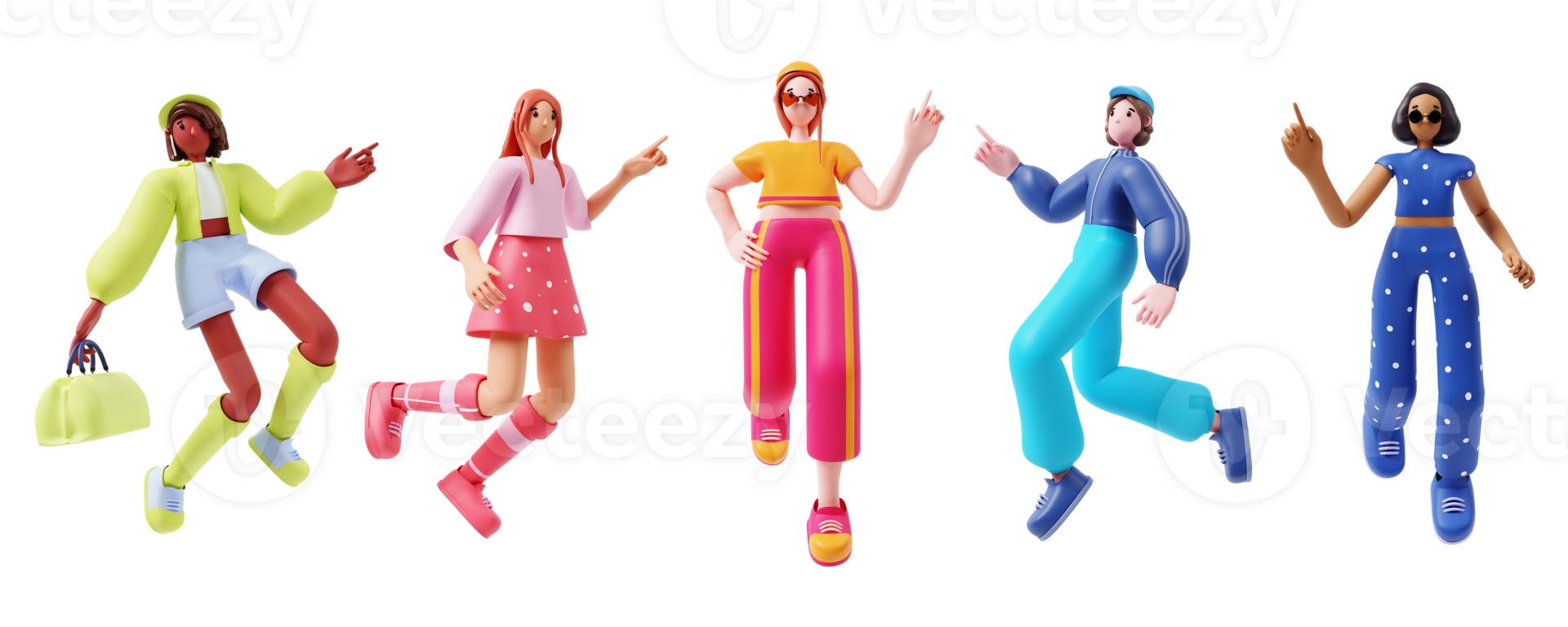 3D Rendering Cheerful Five Young Girls. png
