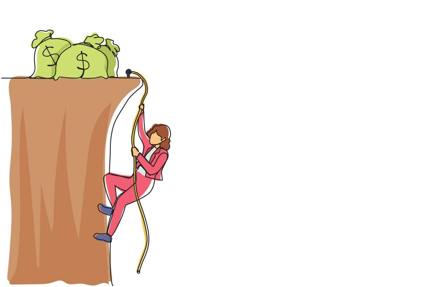 soltero continuo línea dibujo activo mujer de negocios haciendo cuerda alpinismo hacia dinero bolsa. trepador colgando en soga, tracción él mismo en parte superior de rocoso montaña pared. uno línea dibujar gráfico diseño vector