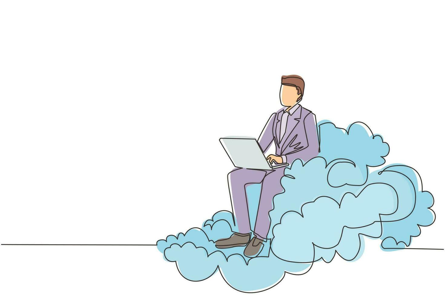 hombre de negocios de dibujo de una sola línea sentado en la nube en el cielo y trabajando con una computadora portátil. conexión inalámbrica. redes sociales y chatear usando almacenamiento en la nube. vector gráfico de diseño de dibujo de línea continua