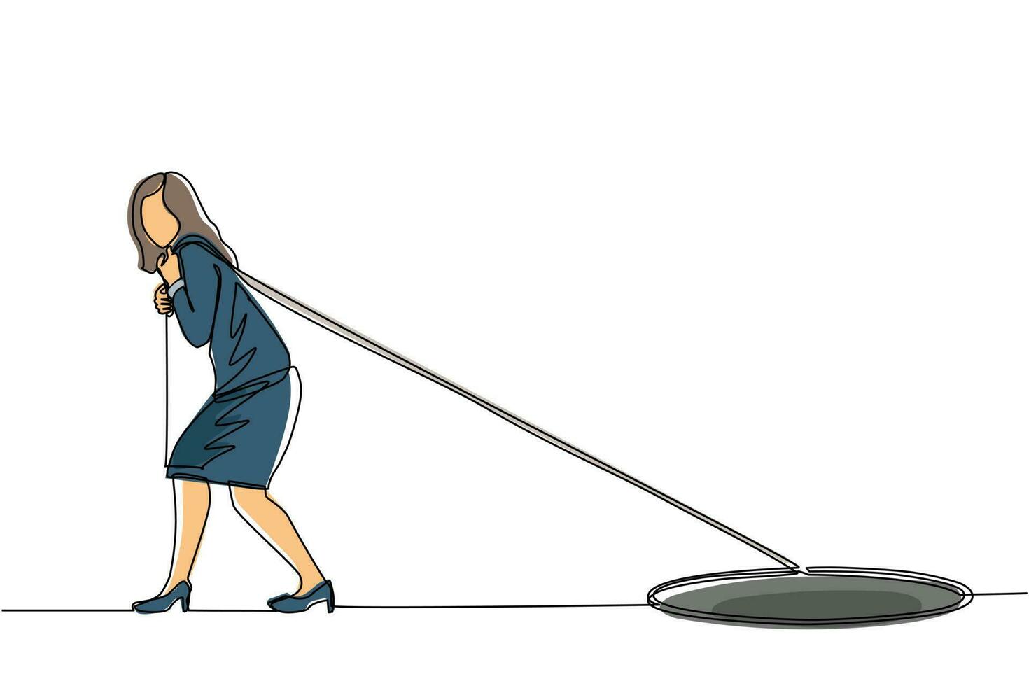 Single continuous line drawing businesswoman trying hard pulling rope