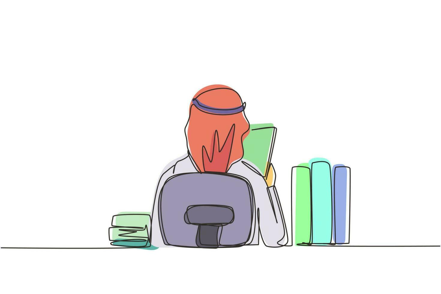 Single continuous line drawing back view of young Arabic man sitting at desk and reading book, student studying hard, preparing before exam with pile of books. One line draw design vector illustration