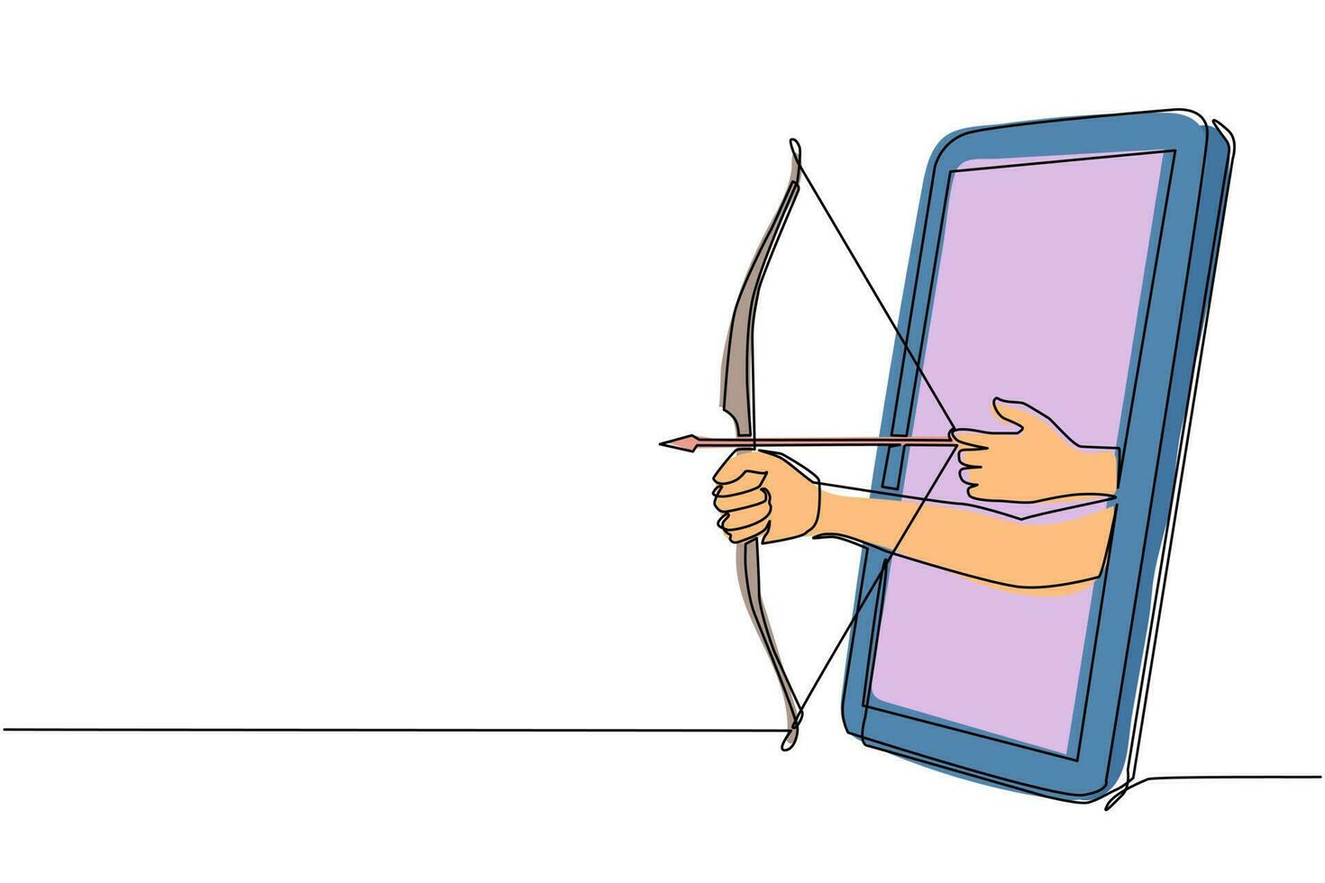 la mano del arquero de dibujo de una sola línea continua sostiene la flecha y el arco a través del teléfono móvil. teléfono inteligente con aplicación de juegos de tiro con arco. campeonato de transmisión de deportes móviles. vector de diseño gráfico de dibujo dinámico de una línea