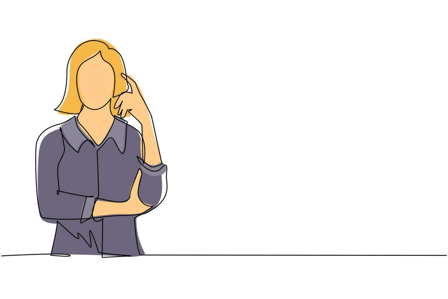 Single continuous line drawing woman touching her temples and remembering something. Female holding finger on head and feeling tired exhausted, chronic work stress. One line draw graphic design vector