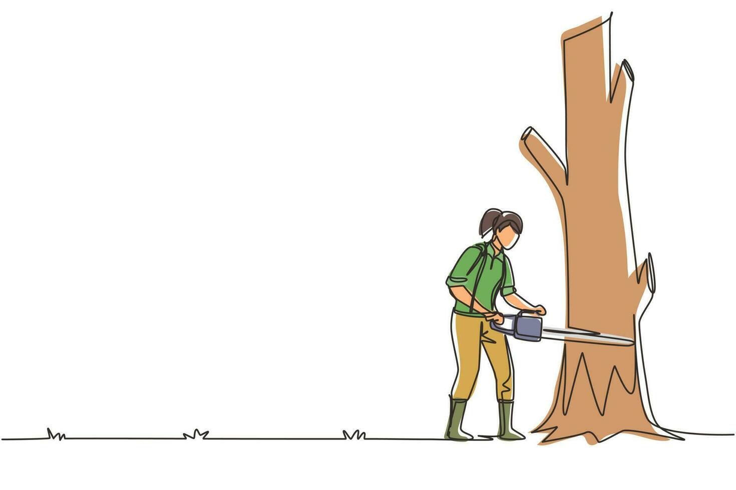 dibujo continuo de una línea mujer maderera aserrando troncos y árboles en el bosque. trabajador de la industria de la madera con sierra en las manos. mujer leñadora corta madera, ocupación de leñador. vector de diseño de dibujo de una sola línea