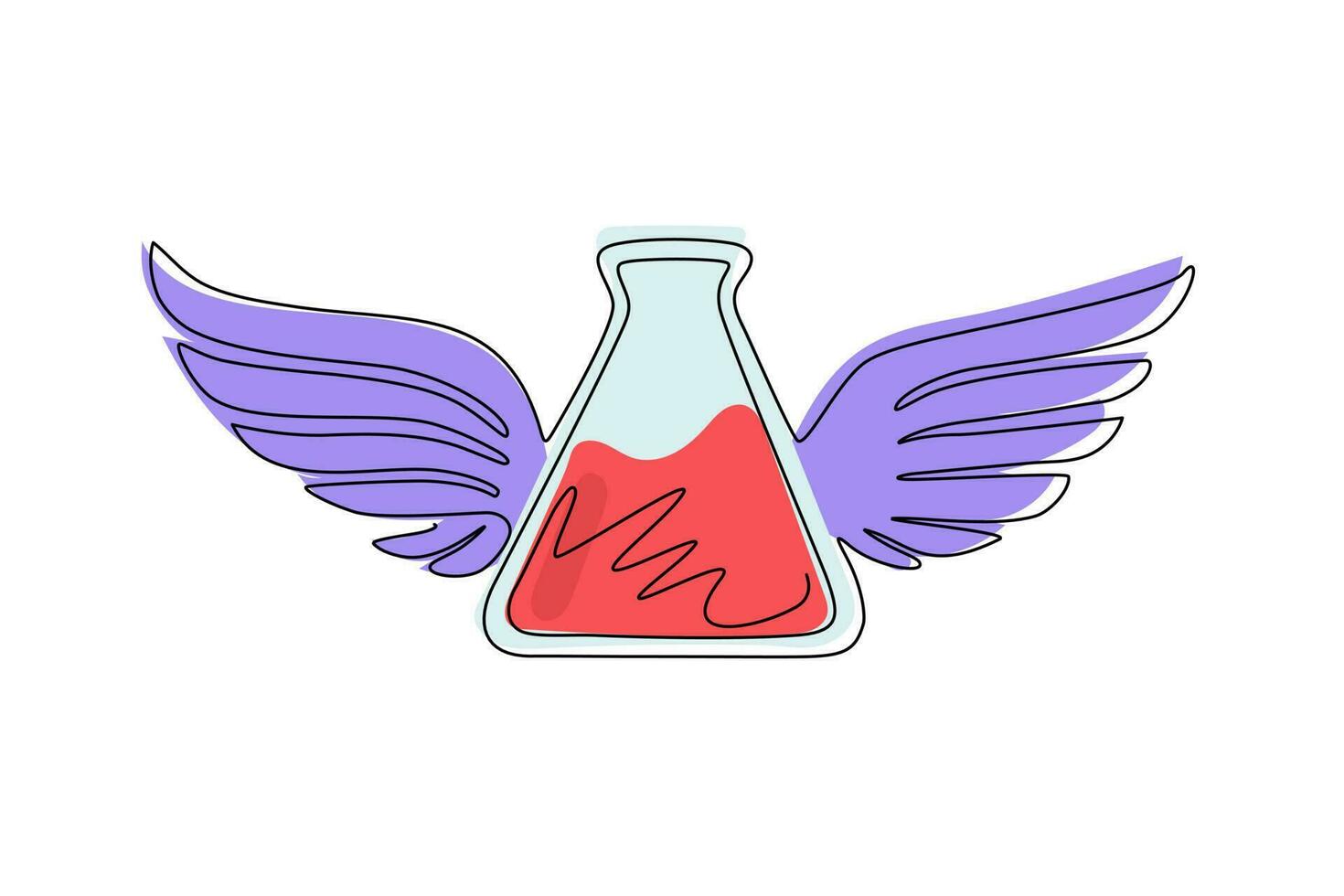 Continuous one line drawing flying test tube with wings. Winged science flask or beaker for medical healthcare. Chemical research laboratory logo. Single line draw design vector graphic illustration