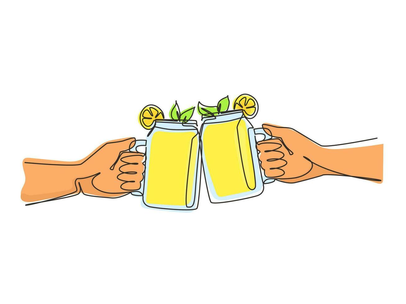 Single continuous line drawing close-up of two hands holding a lemonade cocktails in glass jars and toasting. Friendly hang out in city park. Summer vacation and picnic. One line draw design vector