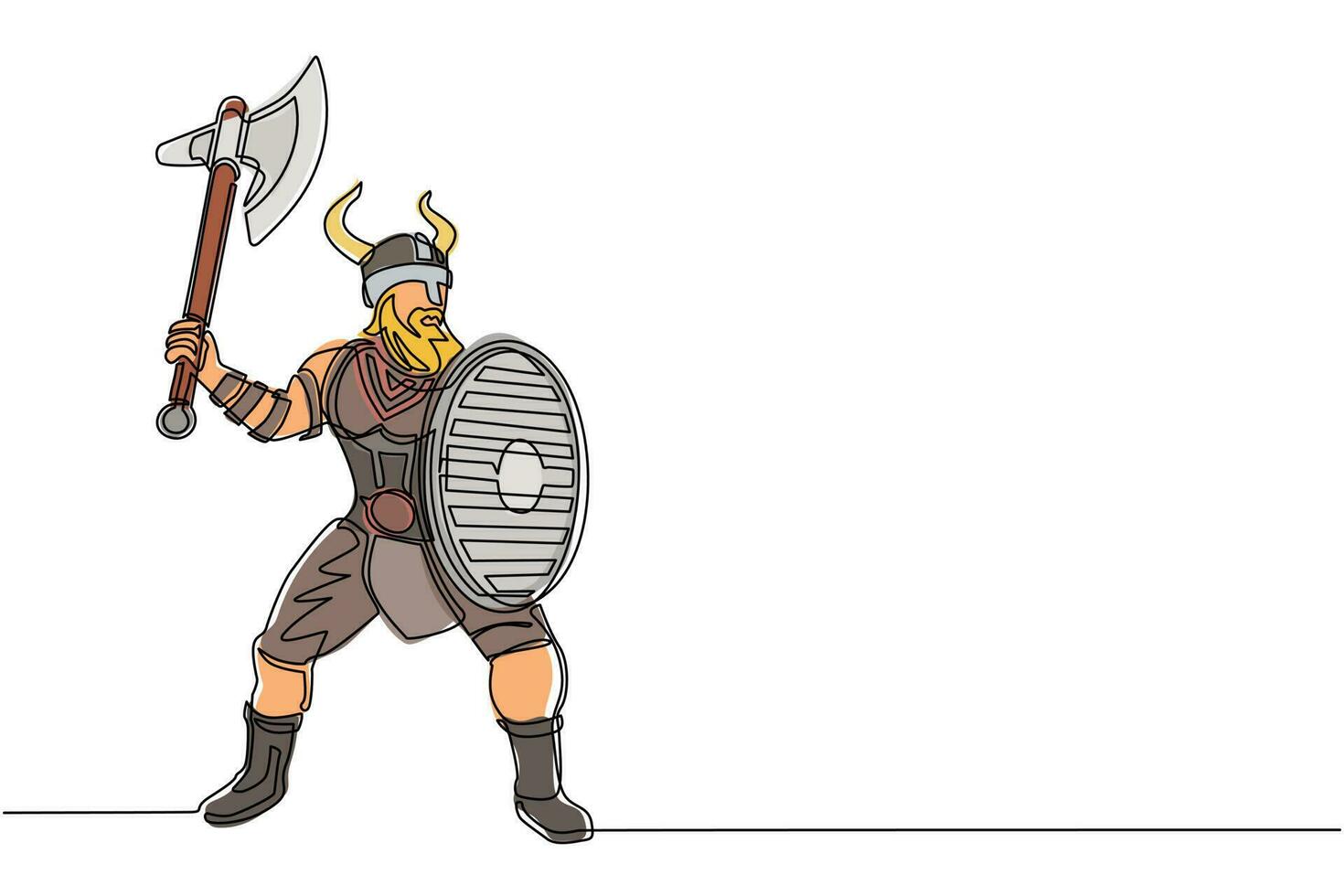 Single one line drawing big strong muscular orange warrior viking with axe and shield furiously attacks. Viking in horned helmet holding axe and shield. Continuous line draw design vector illustration