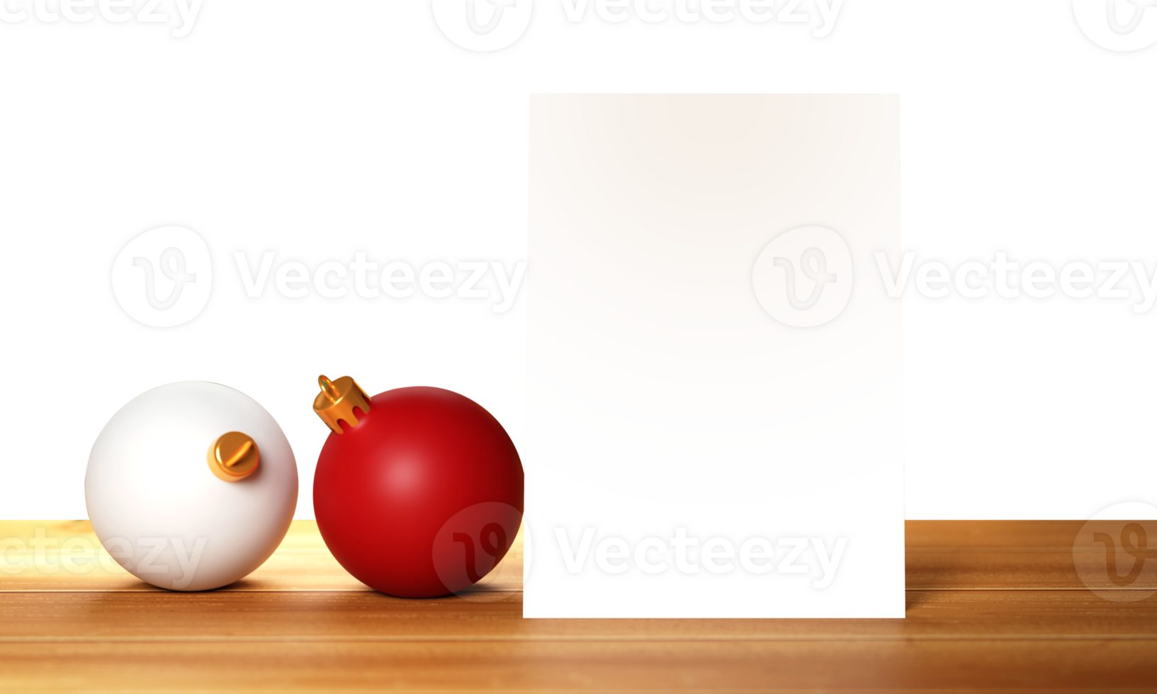 Greeting Card With 3D Christmas Balls, On Brown Wooden Table png