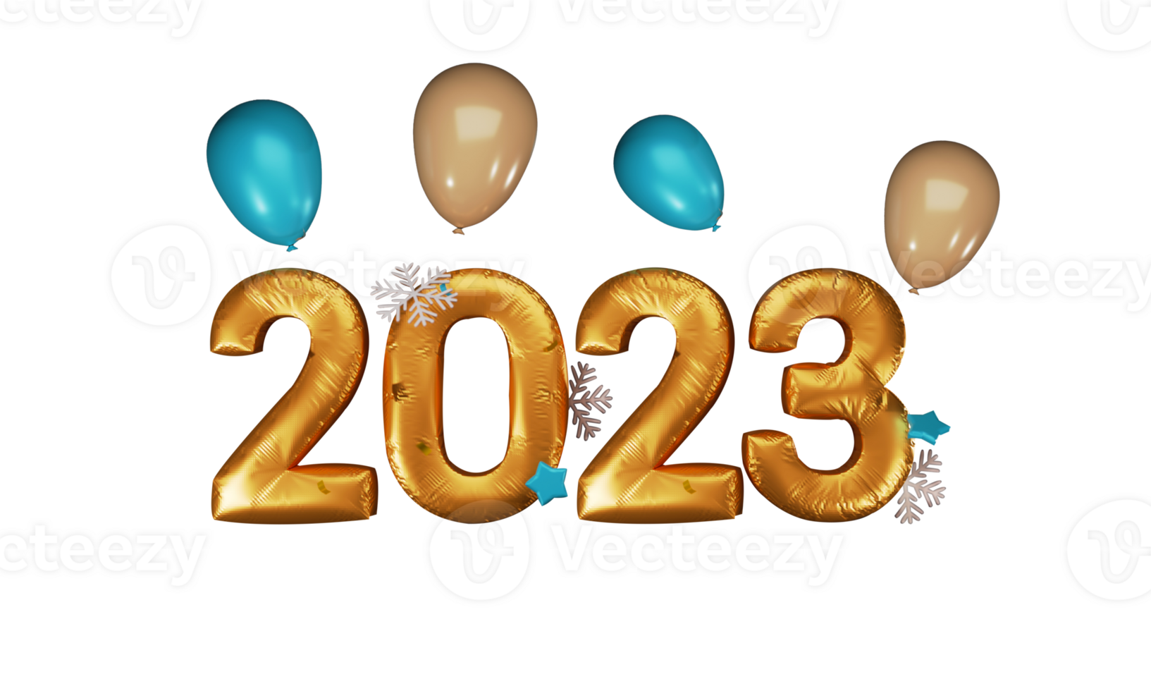 3D Render Of Golden Foil 2023 Number With Snowflakes, Stars, Glossy Balloons And Confetti. png