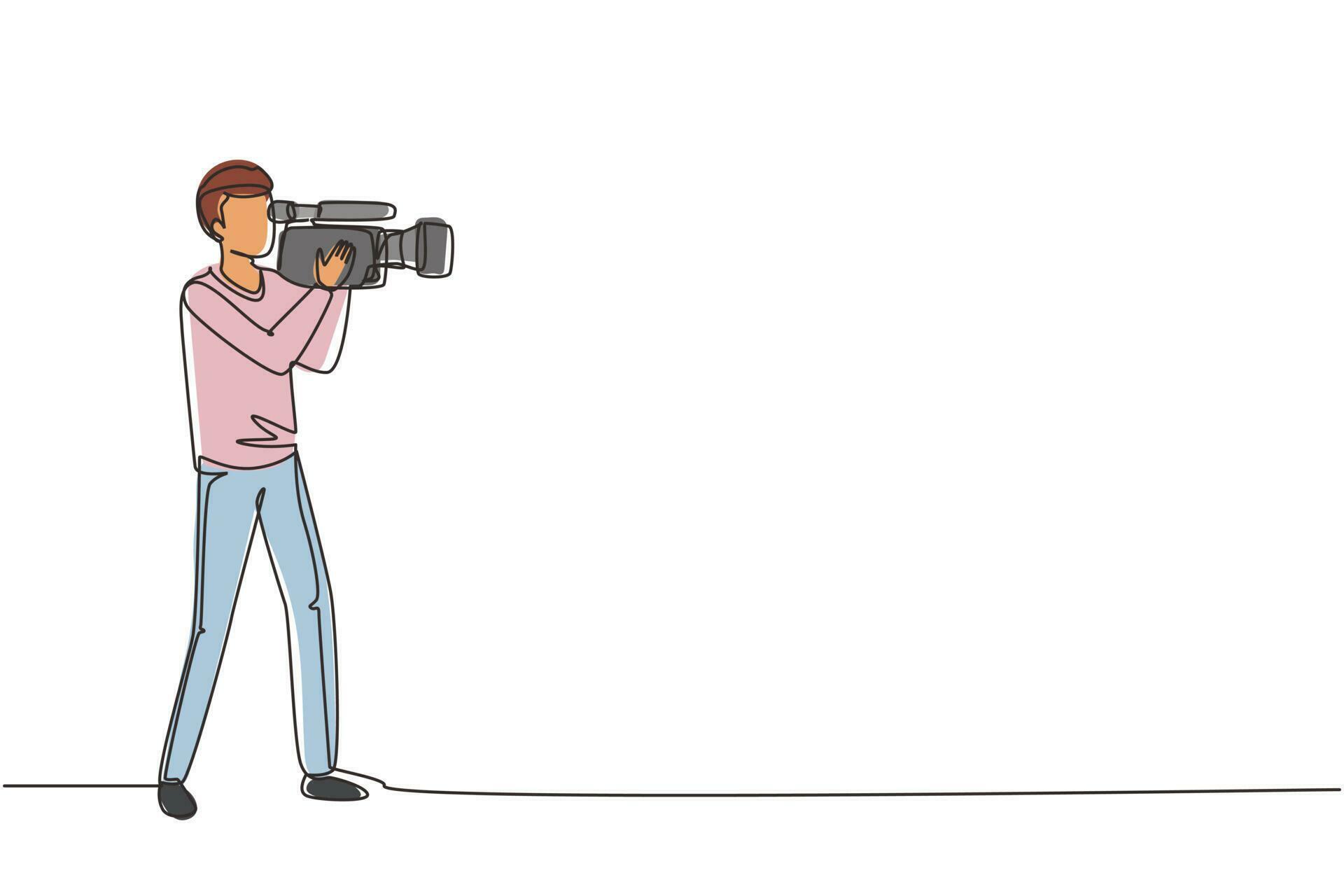 Continuous one line drawing professional camera operator holding big