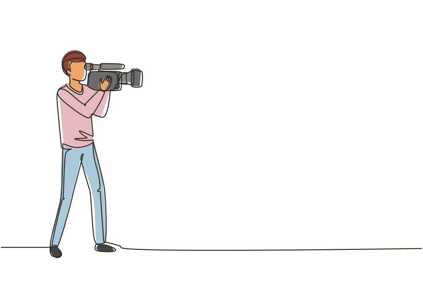 Continuous one line drawing professional camera operator holding big camera on shoulder. Cameraman, reporter shooting TV content. Videographer with camera. Single line draw design vector illustration