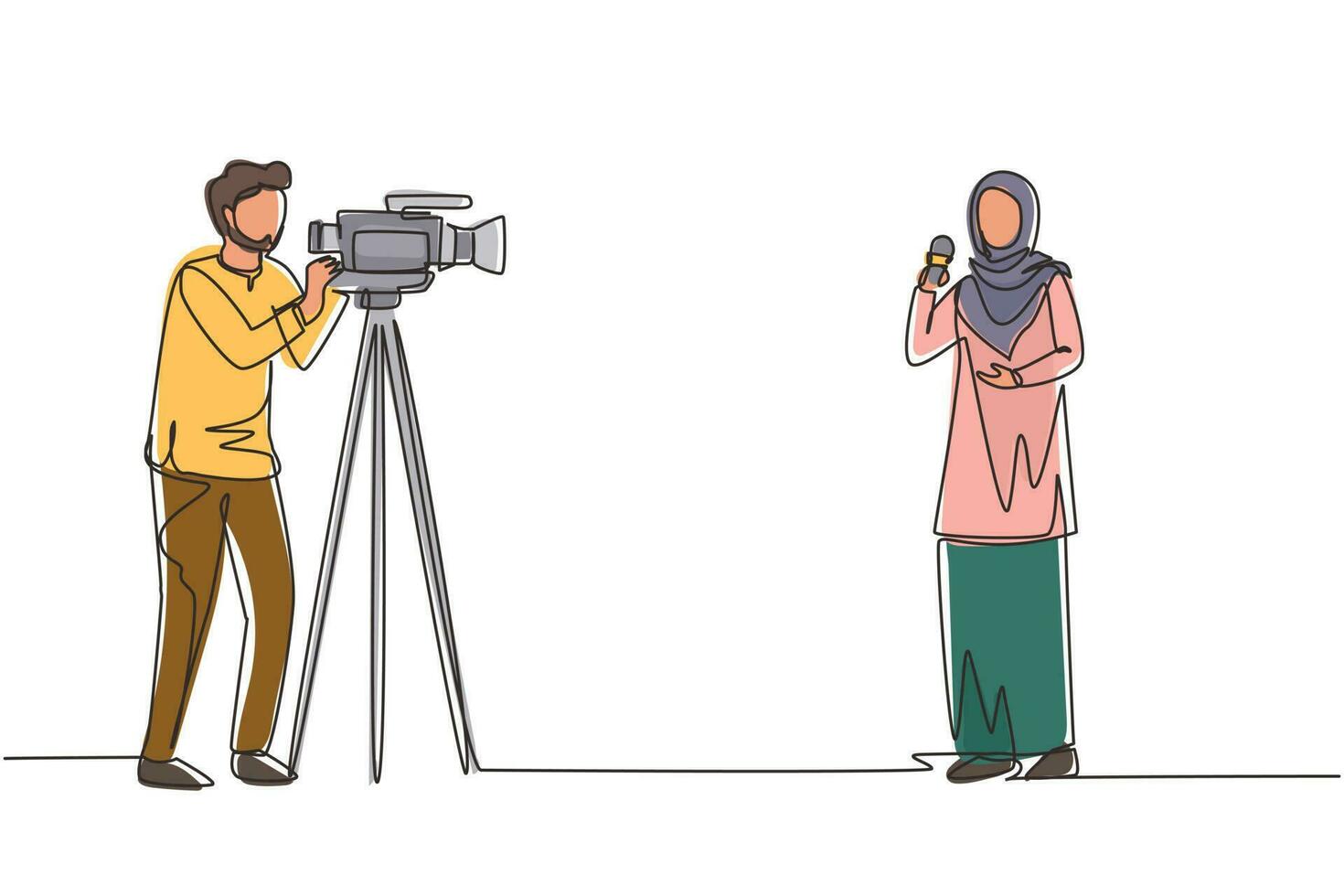 Single continuous line drawing Arab woman reporter. Journalists to report. Two Arabic journalists. Team of woman reporter journalist man operator broadcasting. One line draw design vector illustration