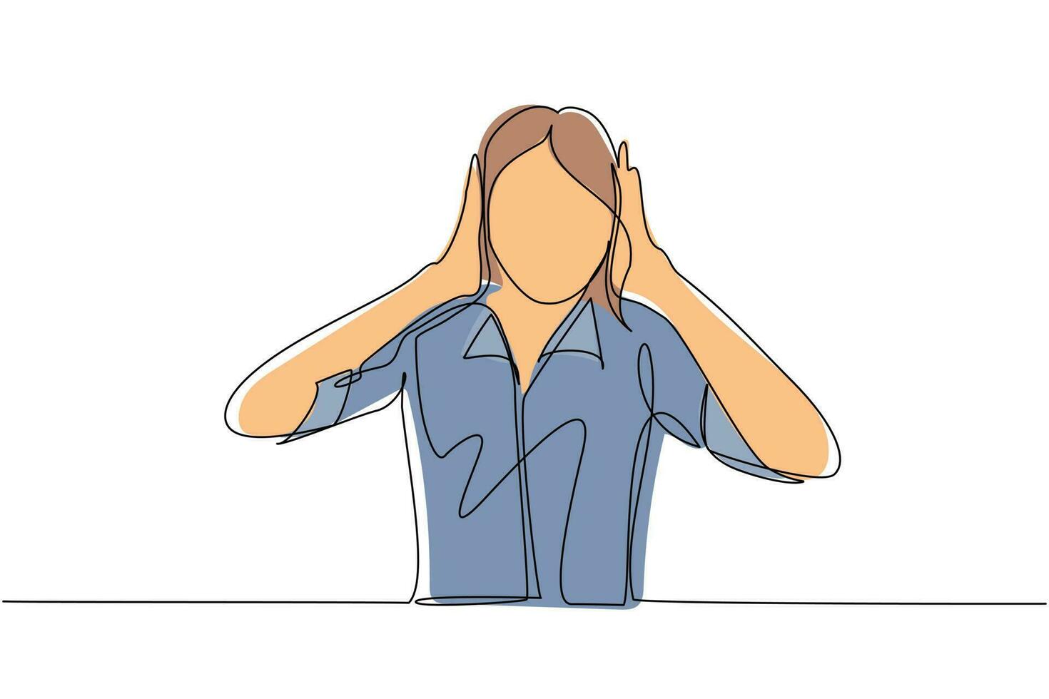 Continuous one line drawing woman covering or closing her ears with hands, making don't hear or listen gesture. Female does not want to hear or listen. Single line draw design vector illustration