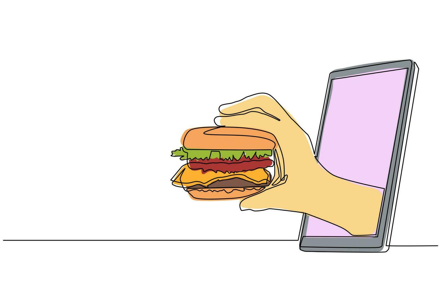 Continuous one line drawing hand holding burger through mobile phone. Concept of restaurant order delivery online food. Application for smartphones. Single line draw design vector graphic illustration