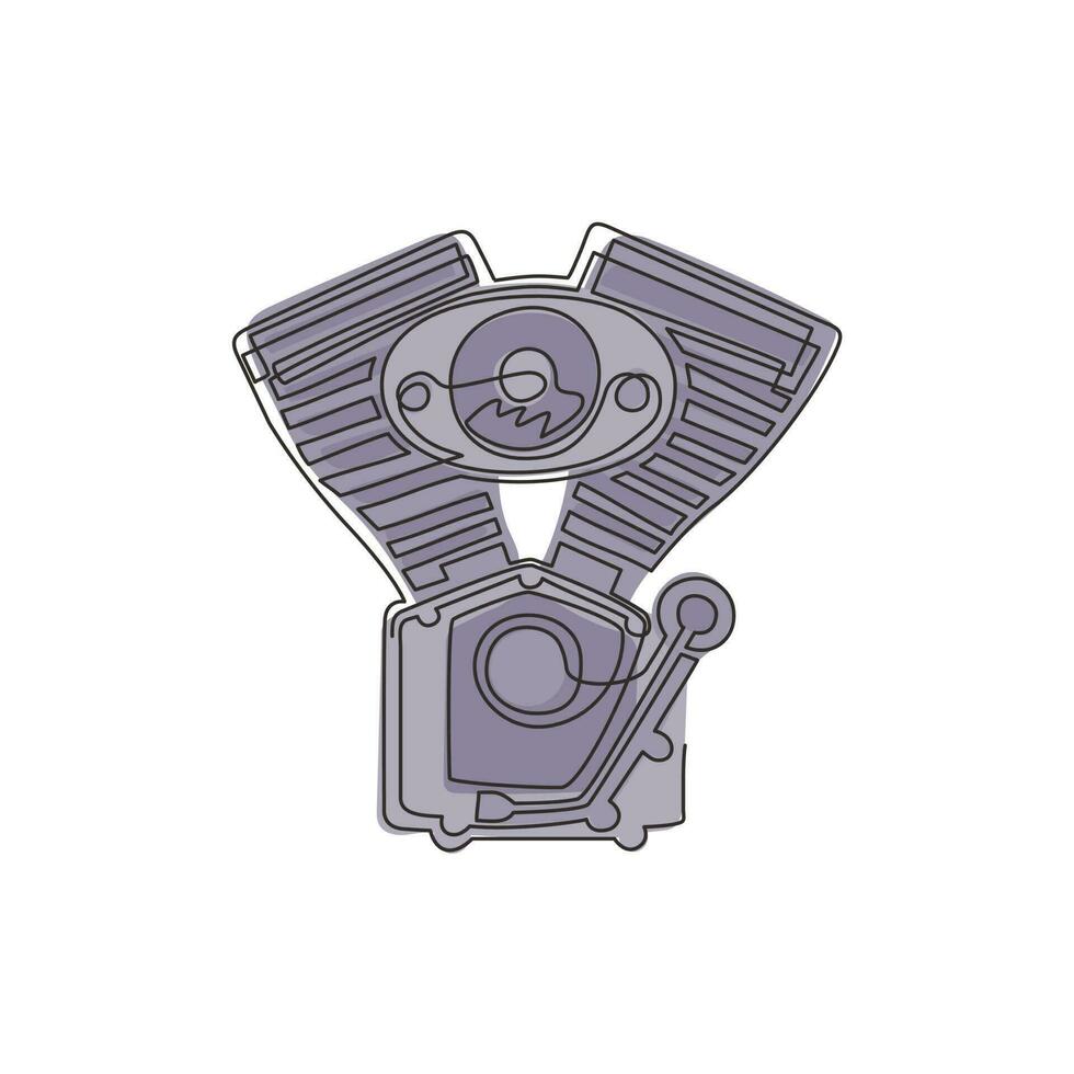 Single continuous line drawing motorcycle club logo with motor, bikers club logo, custom motorcycles service icon. Motorcycle engine symbol. Dynamic one line draw graphic design vector illustration