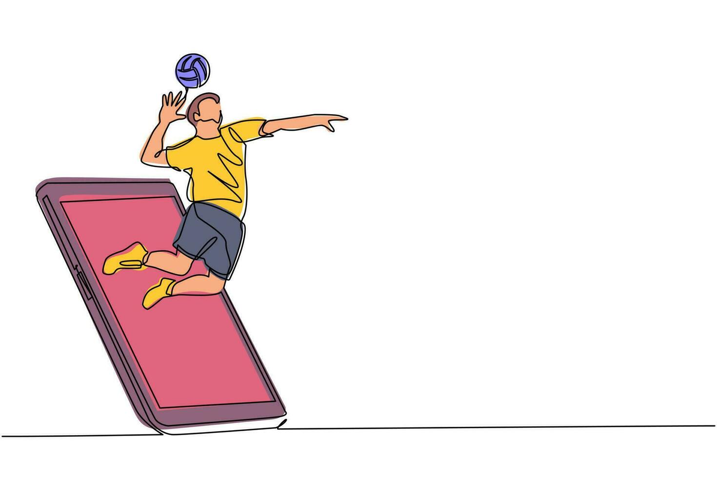 jugador de atleta de voleibol de dibujo de una línea continua en acción saltando pico saliendo de la pantalla del teléfono inteligente. Partidos deportivos móviles. juego de voleibol en línea. vector de diseño de dibujo de una sola línea